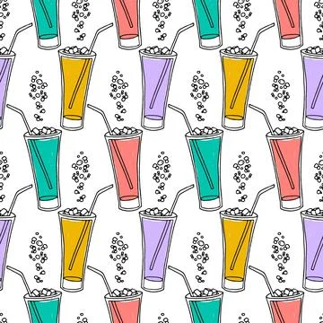 Hand drawn seamless pattern with icy glasses with straws and bubbles. Color.. Stock Illustration