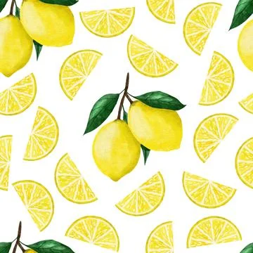 Hand drawn seamless pattern illustration of yellow lemon fruit. Watercolor Stock Illustration