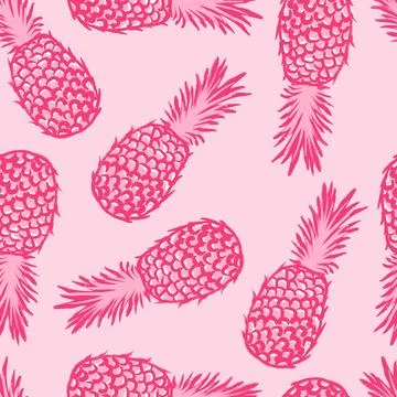 Hand drawn seamless pattern illustration of fruit pineapple, pink tropical Stock Illustration