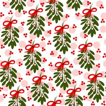 Hand drawn seamless pattern illustration of green red mistletoe, winter Stock Illustration