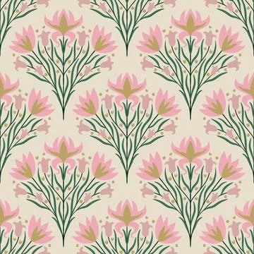 Hand drawn seamless pattern illustration pink carnation flower and green leaves Stock Illustration
