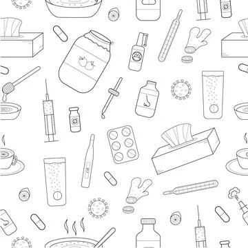 Hand drawn seamless pattern with the image of remedies that help during colds Stock Illustration