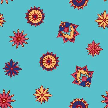 Hand drawn seamless pattern of indian paisley blue red turquoise background Stock Illustration