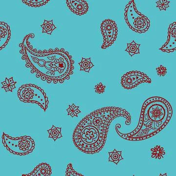 Hand drawn seamless pattern of indian paisley blue red turquoise background Stock Illustration