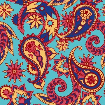 Hand drawn seamless pattern of indian paisley blue red turquoise background Stock Illustration