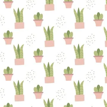 Hand-drawn seamless pattern with indoor plants Stock Illustration