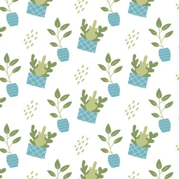 Hand-drawn seamless pattern with indoor plants Stock Illustration