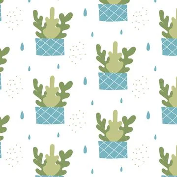Hand-drawn seamless pattern with indoor plants Stock Illustration