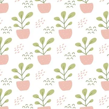 Hand-drawn seamless pattern with indoor plant pot. Stock Illustration
