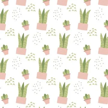 Hand-drawn seamless pattern with indoor plant pot. Stock Illustration