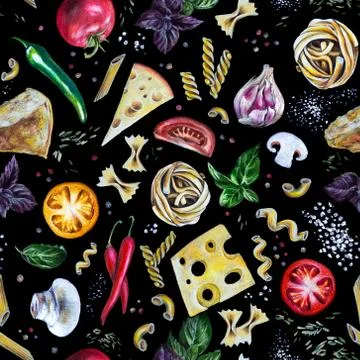 Hand-drawn seamless pattern: Italian pasta with tomatoes, vegetables on black. Stock Illustration