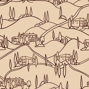 Hand drawn seamless pattern with italian tuscan tuscany landscape, house villa Stock Illustration