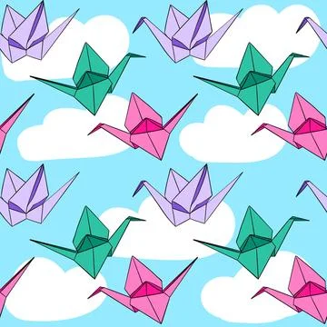 Hand drawn seamless pattern with japanese origami paper crames birds on blue sky Stock Illustration