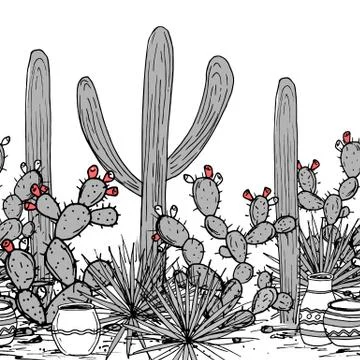 Hand drawn seamless pattern with jars, saguaro, blue agave, and and prickly p Stock Illustration