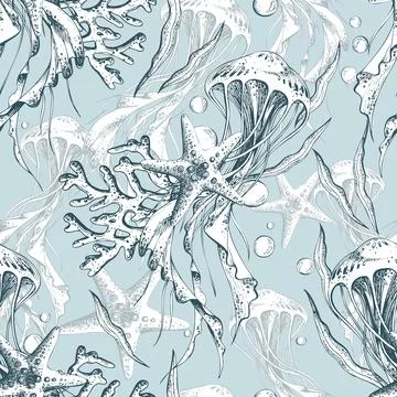 Hand drawn seamless pattern with jellyfish, seaweed, starfish, and coral Stock Illustration