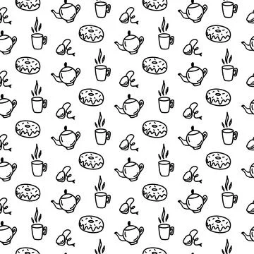 Hand drawn seamless pattern with kettle, coffee pot, glazed donut, tea bag, cup Stock Illustration
