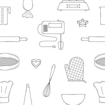 Hand drawn seamless pattern with kitchen baking tools. Doodle style. Vector Stock Illustration