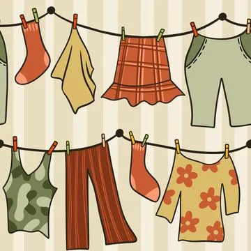 Hand drawn seamless pattern with laundry clothesline hanging clothes. Dress 스톡 일러스트