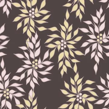 Hand drawn seamless pattern with leaves berries on dark brown background. Pink Stock Illustration