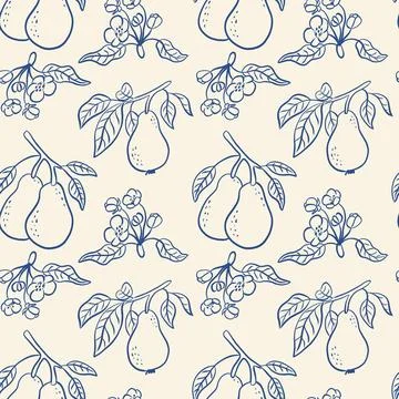 Hand drawn seamless pattern of leaves and pears. Stock Illustration
