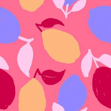 Hand drawn seamless pattern lemon citrus. Trendy red pink 80s 90s fruit fabric Stock Illustration