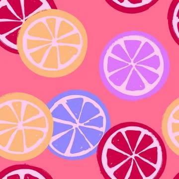 Hand drawn seamless pattern lemon citrus. Trendy red pink 80s 90s fruit fabric Stock Illustration