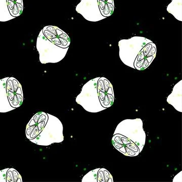 Hand-drawn seamless pattern with lemons and bright splashes Stock Illustration