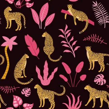 Hand drawn seamless pattern with leopards, palm trees Stock Illustration