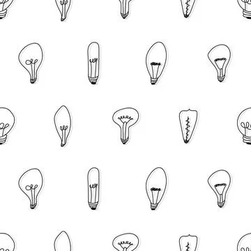 Hand drawn seamless pattern of Light Bulbs. Different loft lamps in doodle .. Stock Illustration