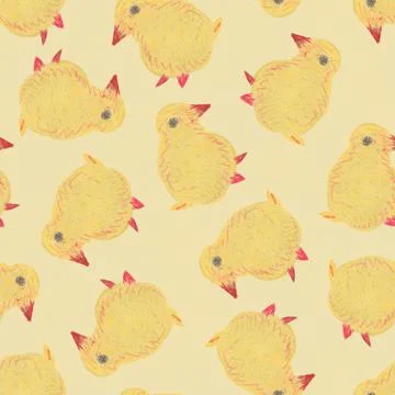 Hand Drawn Seamless Pattern With Little Yellow Chick. Stock Illustration