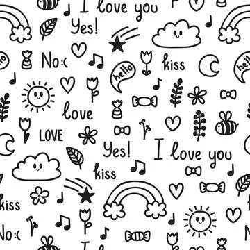Hand drawn seamless pattern on love theme. Doodle, sketch. Design for valen.. Stock Illustration