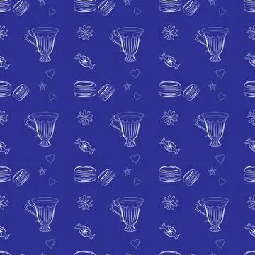 Hand drawn seamless pattern with macaroons and teacups Illustrazione stock