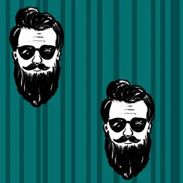 Hand drawn seamless pattern with man men male faces inblack white on striped Stock Illustration