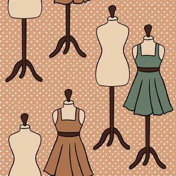 Hand drawn seamless pattern with mannequin dress clothes sewing crafts Stock Illustration