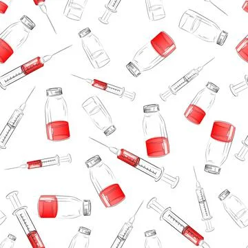 Hand drawn seamless pattern with medicine bottle and syringe. Theme of Illustrazione stock