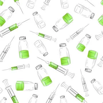 Hand drawn seamless pattern with medicine bottle and syringe. Theme of Stock Illustration