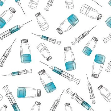 Hand drawn seamless pattern with medicine bottle and syringe. Theme of Stock Illustration
