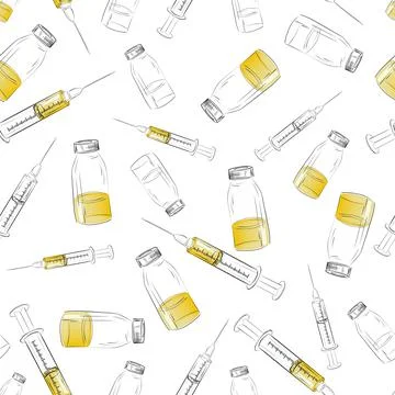 Hand drawn seamless pattern with medicine bottle and syringe. Theme of Illustrazione stock