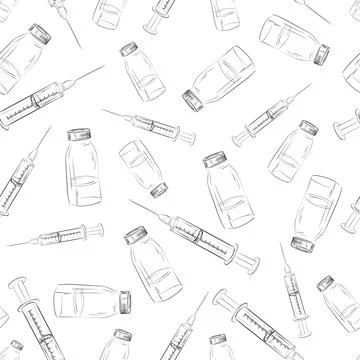 Hand drawn seamless pattern with medicine bottle and syringe. Theme of Stock Illustration