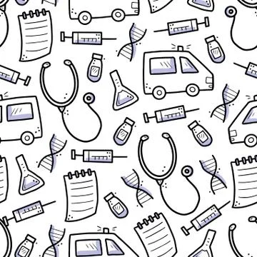 Hand drawn seamless pattern of medicne doodle elements Stock Illustration