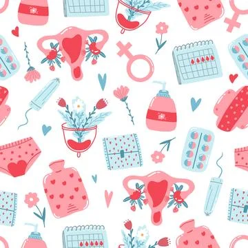 Hand drawn seamless pattern with menstrual period items as underwear, pads,.. Stock Illustration