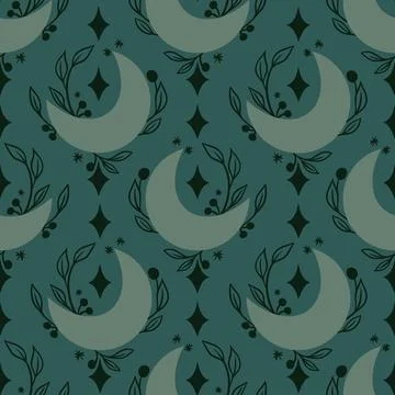 Hand drawn seamless pattern with moon phases in vertical line on dark green Illustrazione stock