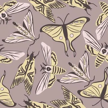 Hand drawn seamless pattern of moths butterflies in pink beige brown colors 스톡 일러스트