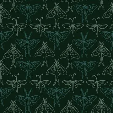 Hand drawn seamless pattern of moths butterflies in dark sage green colors 스톡 일러스트