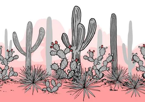 Hand drawn seamless pattern with mountains, saguaro, blue agave, and prickly Stock Illustration