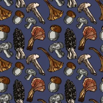 Hand drawn seamless pattern with mushrooms. Stock Illustration