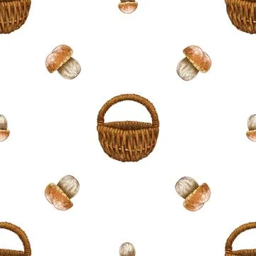 Hand drawn seamless pattern with mushrooms and wicker basket. Vector 스톡 일러스트