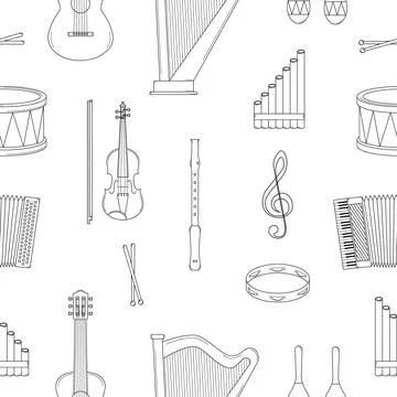 Hand drawn seamless pattern with musical instruments. Outline. Sketch. Vector. Stock Illustration