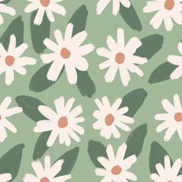 Hand drawn seamless pattern with muted pastel daisy flowers, neutral beige sage Stock Illustration