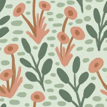 Hand drawn seamless pattern with muted pastel flowers, neutral beige sage green Stock Illustration